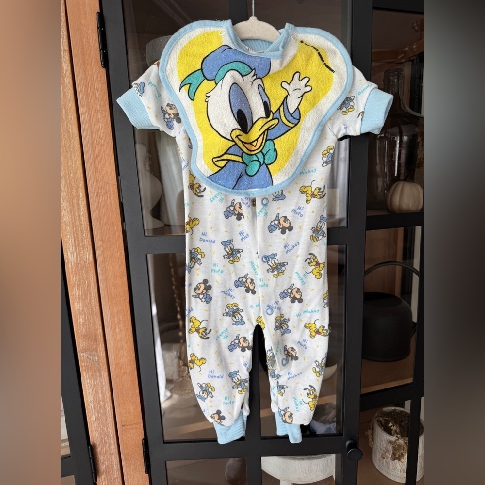 Vintage 90s Disney Playskool Baby Donald Duck Mickey Pluto coverall onesie Bib